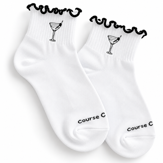 Tini Ruffle Golf Socks – white golf socks with black ruffle trim and martini embroidery